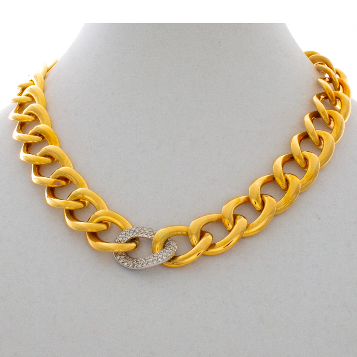 18kt Yellow Gold Curb Link Necklace with Diamond Link Set In White Gold