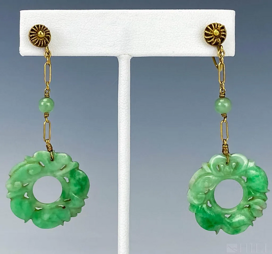 Chinese Green Jade Filigree 14k Drop Disc Earrings