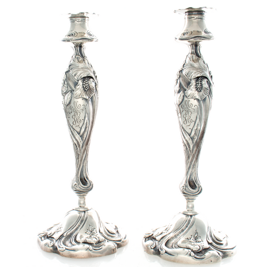 Shiebler Sterling Art Nouveau Candlesticks with Irises